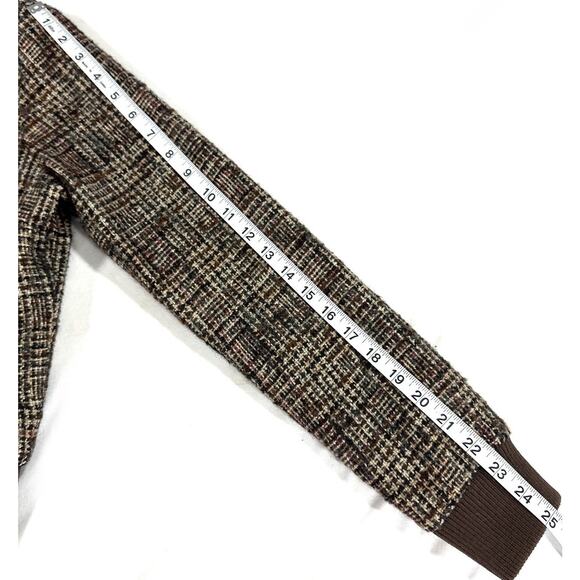 Forever 21 I Love H81 Tweed Bomber Jacket M Brown Faux Leather Zip Plaid Lined - Picture 6 of 10